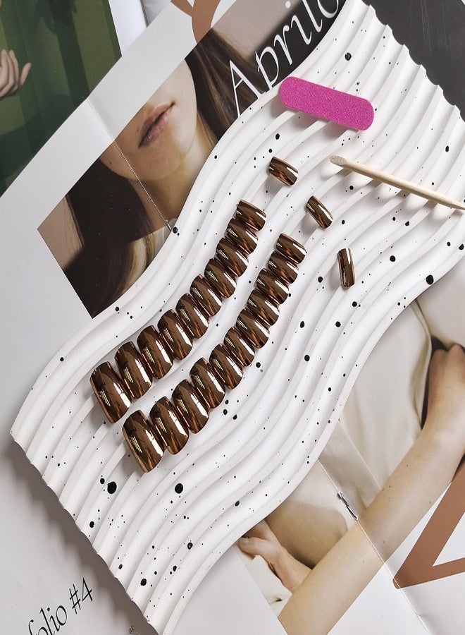 KQueenest Chrome Brown Press on Nails Short Medium Square, Glitter Bronze Fake Nails Press Ons, Sparkle Metallic Acrylic Nails Glue on, Glazed Gel Glue on Nails for Women Party Wear in 24 Pcs - Image 3
